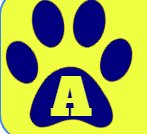 A Yellow letter A inside a blue paw print inside a yellow square.